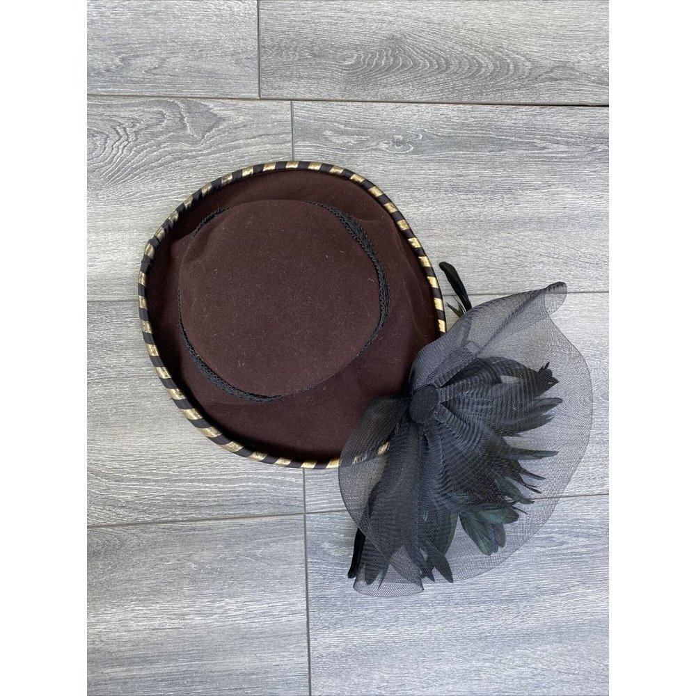 Excello vintage black  Brown feather 100% wool Ester hat woman Made In USA